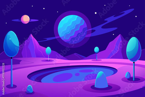 Dark night sky landscape with a moon and stars, an abstract vector illustration of nature and space