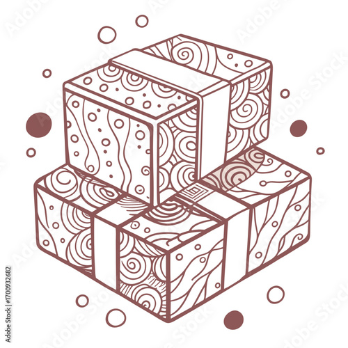 Wrapped gift boxes stacked with decorative patterns and swirls  