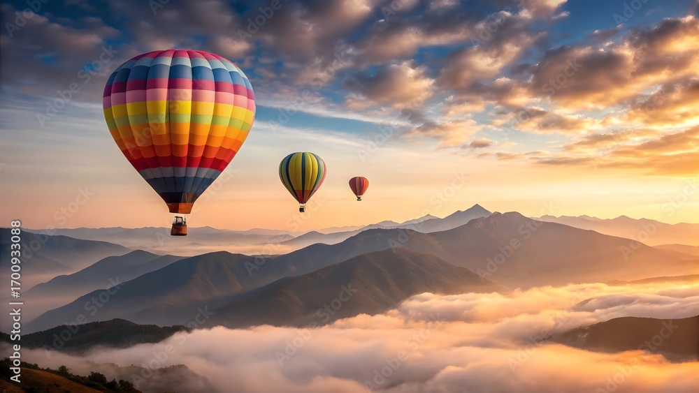 Fototapeta premium Hot air balloons flying over mountains at sunrise