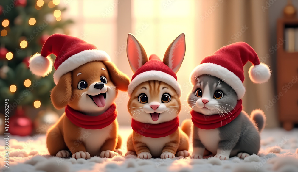 Obraz premium Cute dog and cat wearing Santa hats for Christmas