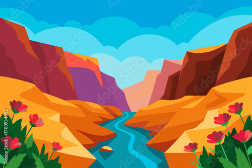 Autumn nature landscape view: sun setting over rocky mountains, river, and trees under a cloudy sky