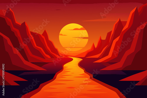 Vibrant nature landscape with red and orange clouds at sunset over the mountains and river, transitioning from dusk to night