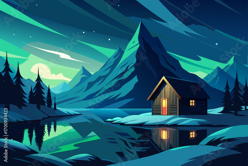 A snowy winter village with cozy houses and a tall Christmas tree under a starry night sky