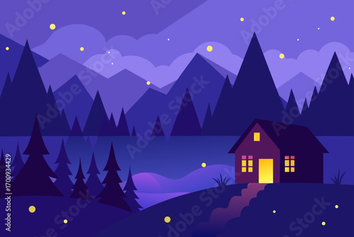 A magical winter landscape with snow-covered houses and festive trees glowing under a starry Christmas night sky