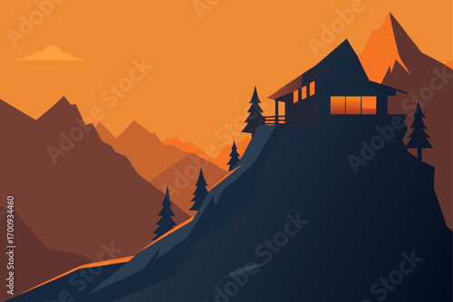 Vector silhouette of a castle on a hill with a dramatic sunset and mountains in the background