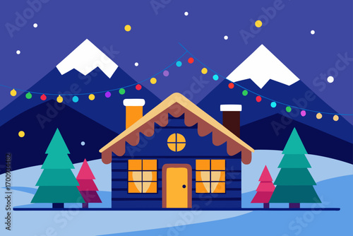 A snowy Christmas village landscape under a starry night sky