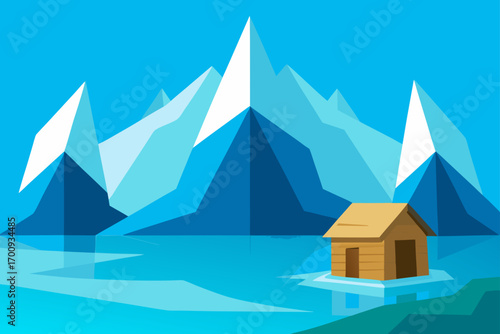 Winter village scene with a cozy cottage on a snowy mountain, with a forest and a snowman under a starry sky