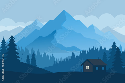 A beautiful winter mountain landscape with a house nestled in the snow, offering a panoramic view of the misty valley and snowy peaks under a blue morning sky