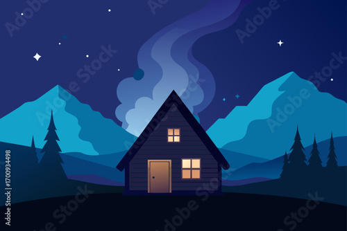 Halloween cartoon haunted house on a hill with a dark night sky