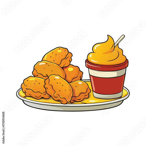 Chicken nuggets with honey mustard and bbq sauce illustration