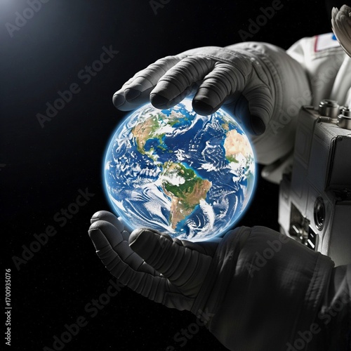 an astronaut's hand holding planet earth