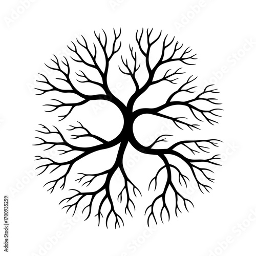 Stylized black tree branches forming a circular pattern against a white background