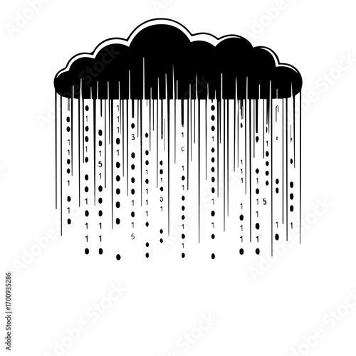 Digital rain of binary code falls from a stylized cloud.