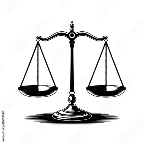 Symbol of justice and balance, scales of justice on white background