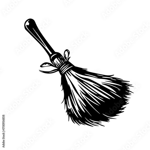 Rustic straw broom silhouette with wooden handle, classic cleaning household tool vector illustration icon