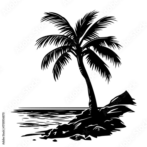 Palm tree on tropical island silhouette with shoreline, exotic vacation paradise vector illustration icon