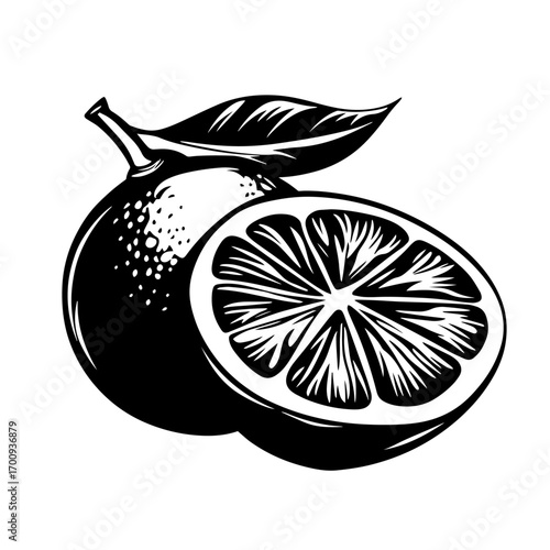 Whole orange fruit and citrus slice silhouette with leaf, juicy vitamin C vector illustration icon