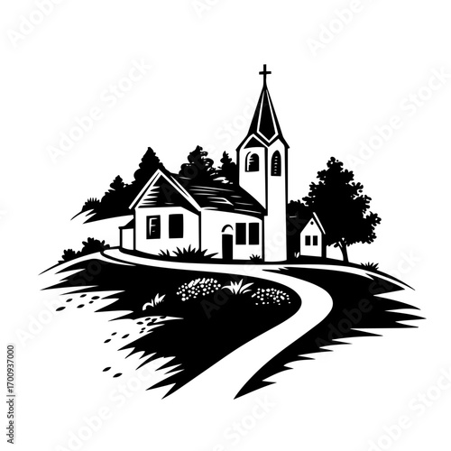 Countryside church on hill silhouette with winding path, rustic village landscape vector illustration icon
