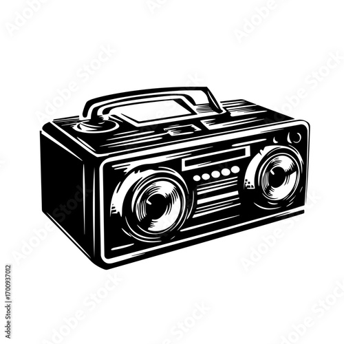 Retro boombox stereo silhouette with twin speakers, vintage portable music player vector illustration icon