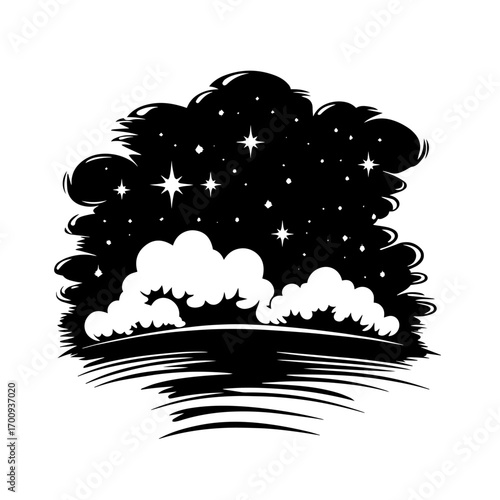 Star‑filled night cloud silhouette drifting above horizon, dreamy cosmic sky vector illustration icon