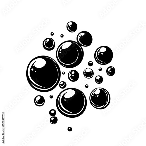 Floating soap bubbles cluster silhouette, playful shiny spheres vector illustration icon