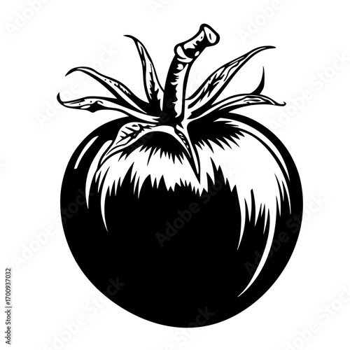 Ripe tomato silhouette with detailed stem and sepals, fresh garden vegetable vector illustration icon