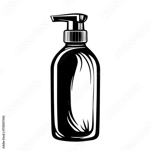 Liquid pump bottle silhouette for soap or sanitizer, reusable bathroom dispenser vector illustration icon