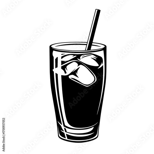 Tall iced drink glass silhouette with straw and clinking cubes, refreshing summer beverage vector illustration icon
