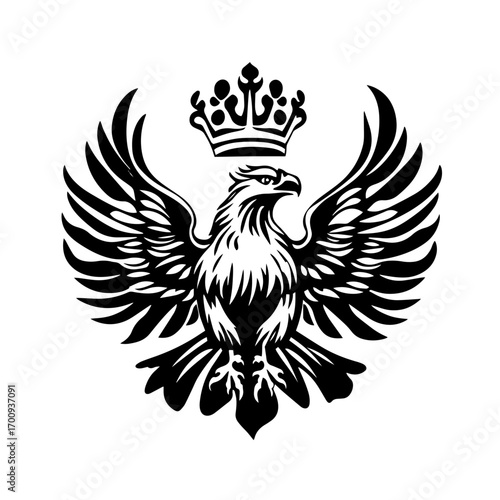 Majestic crowned eagle with spread wings silhouette, heraldic royal bird emblem vector illustration icon
