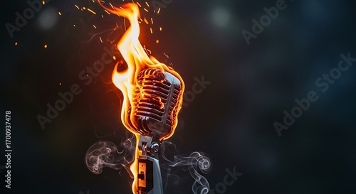 Vintage Microphone Ablaze with Passion and Energy Capturing the Intensity of Performance