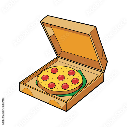 Classic open pizza box with pepperoni pizza illustration