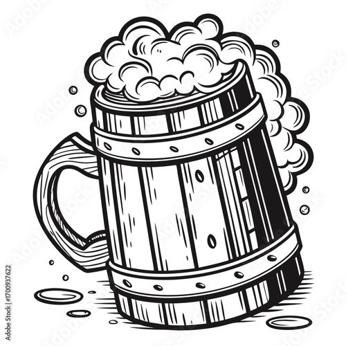 A vector illustration of a cartoon beer mug with foam on a wooden background for a party or pub design