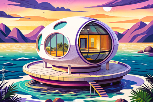 Sphere shaped villa floating on ocean waves, futuristic round design merging innovation and surreal architecture