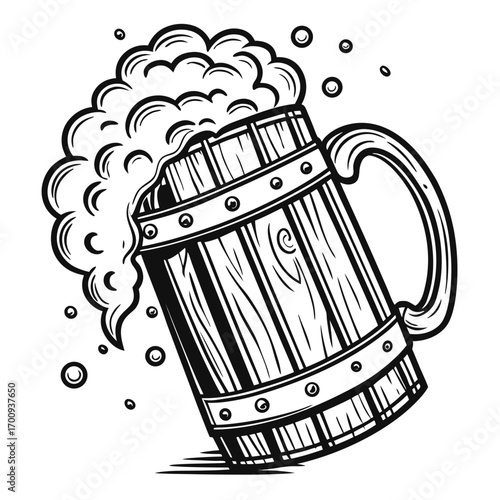 A cartoon vector illustration of a cold pint of beer with foam in a vintage glass mug