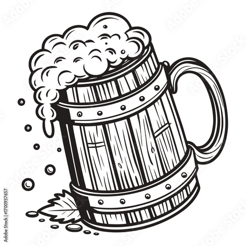 Vector cartoon icon of a cold, foaming pint of beer in a glass or mug on a wooden bar