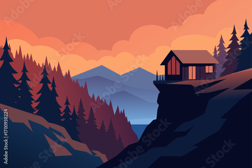 A tranquil mountain landscape is bathed in the warm, golden light of a sunrise, with peaks and valleys shrouded in a soft morning mist