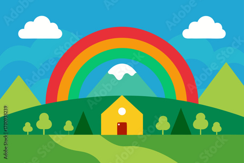 Cartoon village landscape with rainbow over a house and green hills