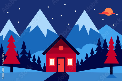 A snowy winter village with decorated houses and trees under a night sky, perfect for a festive holiday card