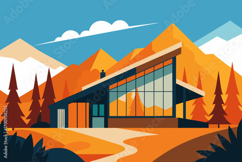 Vector illustration of a mountain landscape with a village of small houses and a farm under a summer sky
