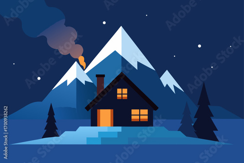 A beautiful winter scene shows a cozy Christmas cottage nestled in a snowy mountain landscape under a starry night sky