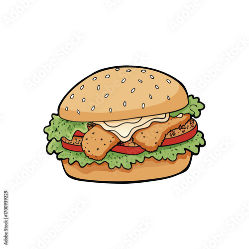 Crispy chicken sandwich with slaw and spicy mayo illustration