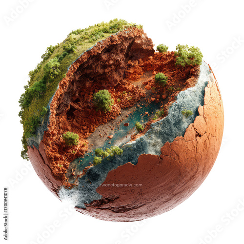 Spherical landscape, a miniature world.  A sphere-shaped miniature landscape showcases a cross-section of land, including hills, valleys, a river, and canyons, suggesting a geological formation.