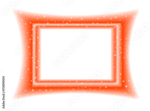 Orange neon rectangle glowing with light blur and sparkles. Vector festive frame on transparent background for party or holiday designs.