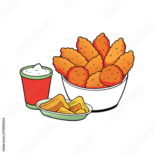 Crispy deep fried chicken tenders with dipping sauces
