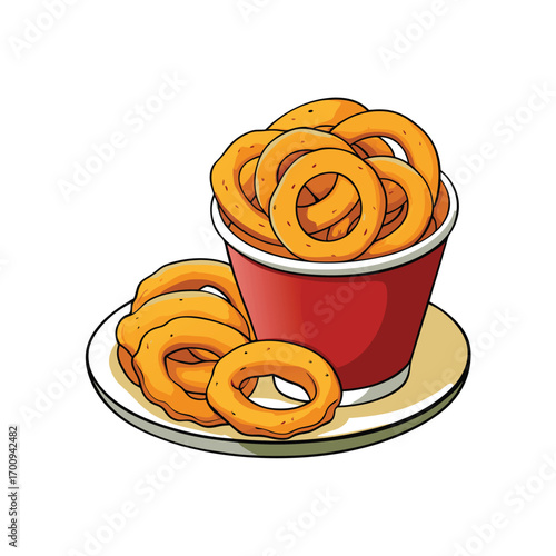 Crispy deep fried onion rings with spicy dipping sauce illustration