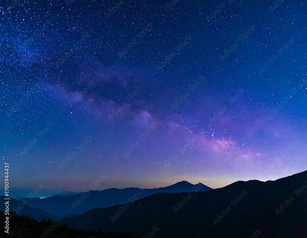 Fototapeta premium Night sky panorama, Milky Way over mountains