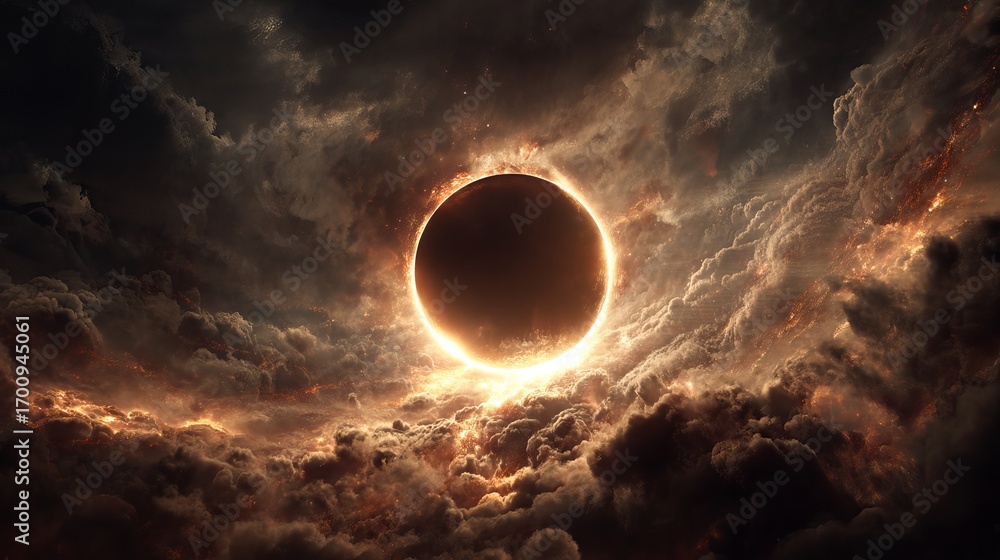 Naklejka premium Dramatic solar eclipse descends through fiery, turbulent clouds, casting an awe-inspiring cosmic spectacle of light and shadow.