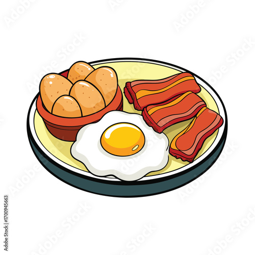 Delicious fried breakfast platter with bacon and eggs