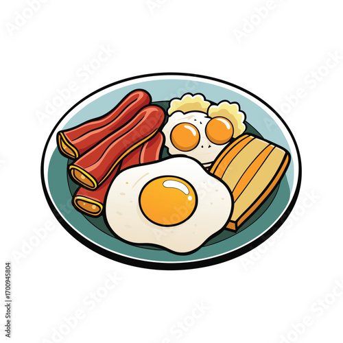 Delicious fried breakfast platter with bacon and eggs