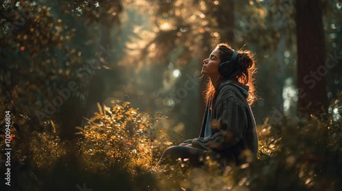Woman Listening to Music in a Sunlit Forest